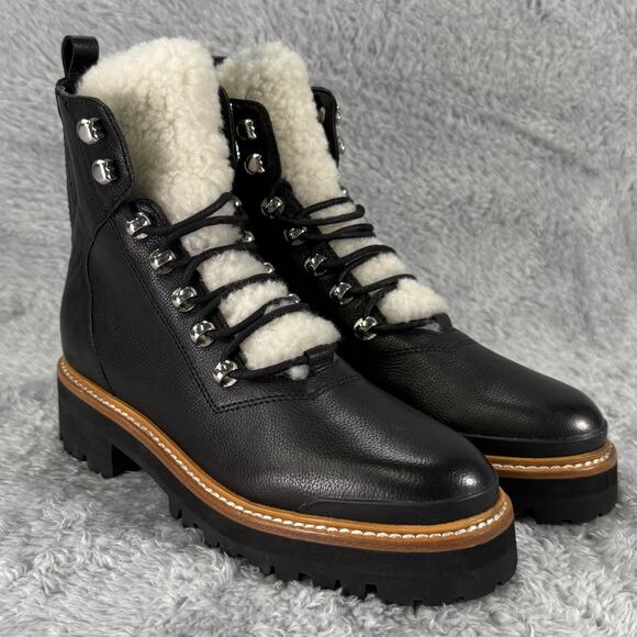 Marc Fisher Shoes - Marc Fisher Izzie Lace Up Boots Black Leather Shearling Womens Size 5.5 Lug Sole